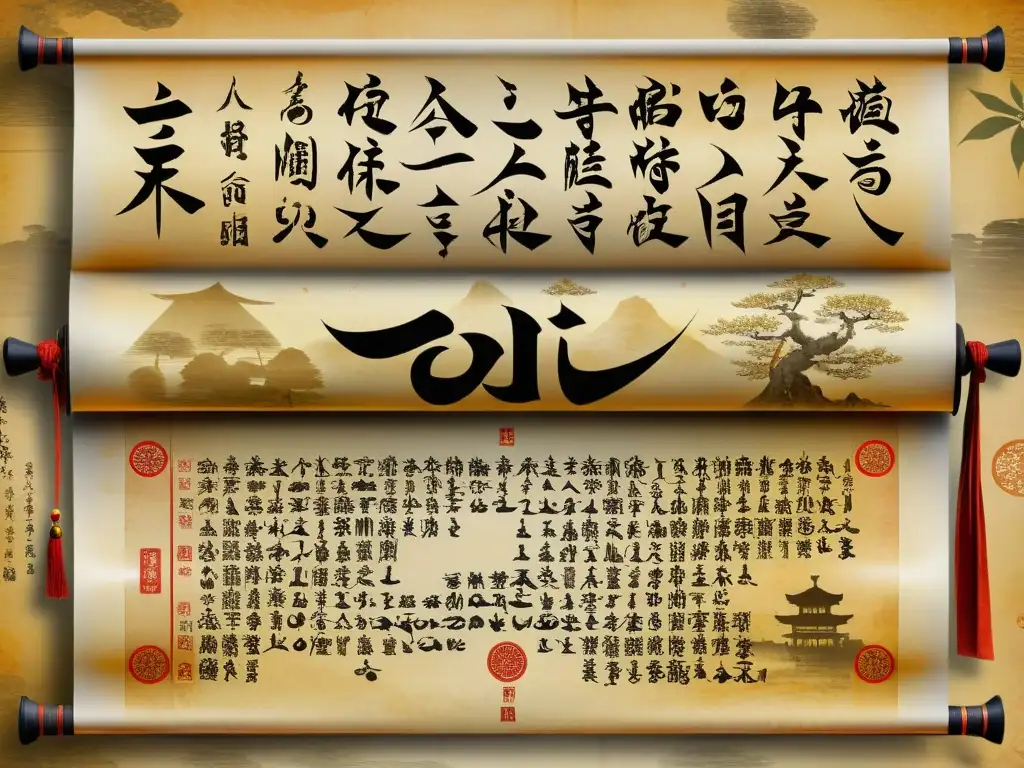 Un pergamino antiguo muestra la genealogía de los clanes ninja en Japón feudal, con ilustraciones detalladas y caligrafía intrincada