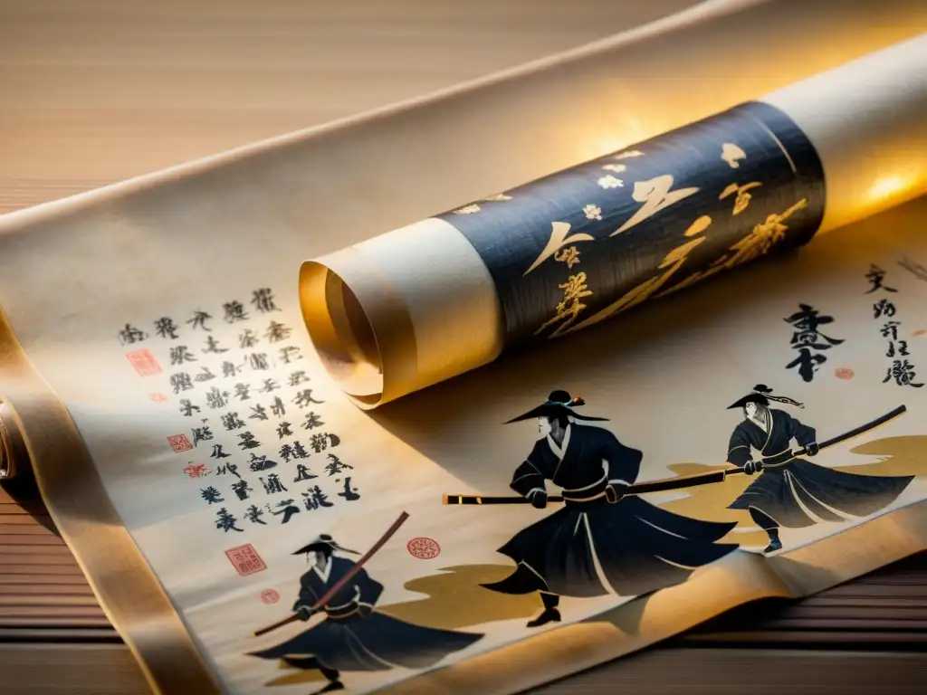 Un pergamino desgastado muestra la estrategia y sabiduría del samurai Miyamoto Musashi en intrincadas ilustraciones y caligrafía