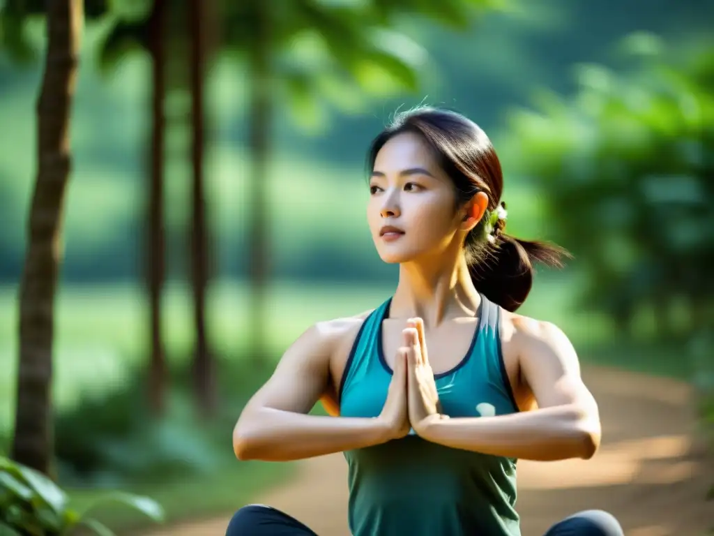 Una persona practica Tai Chi al aire libre en Asia, usando un gadget portátil para monitorización de la salud