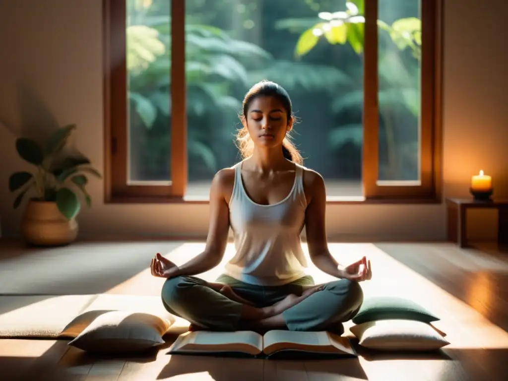 Persona meditando en un ambiente sereno con libros de mindfulness y cristales