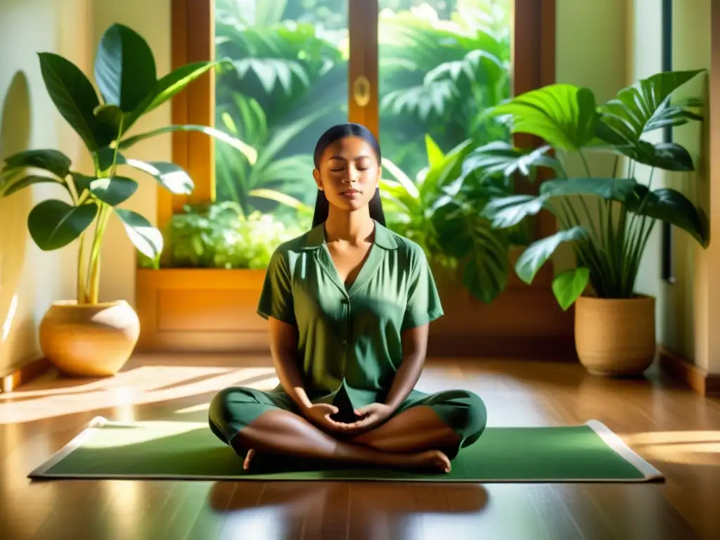Persona meditando en un ambiente sereno y luminoso, rodeada de plantas verdes