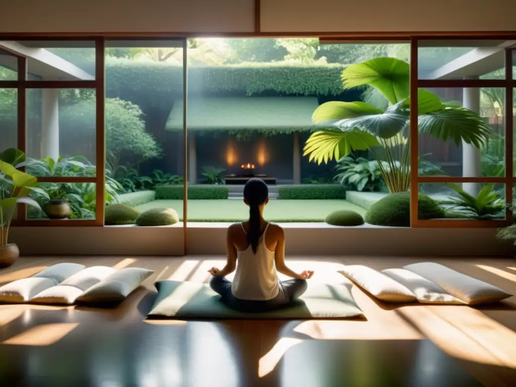 Persona meditando en un ambiente tranquilo con luz suave y vistas al jardín