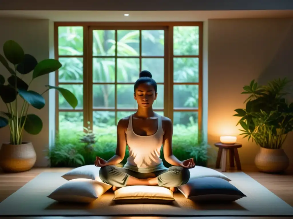 Persona meditando con app de meditación para budistas en habitación iluminada