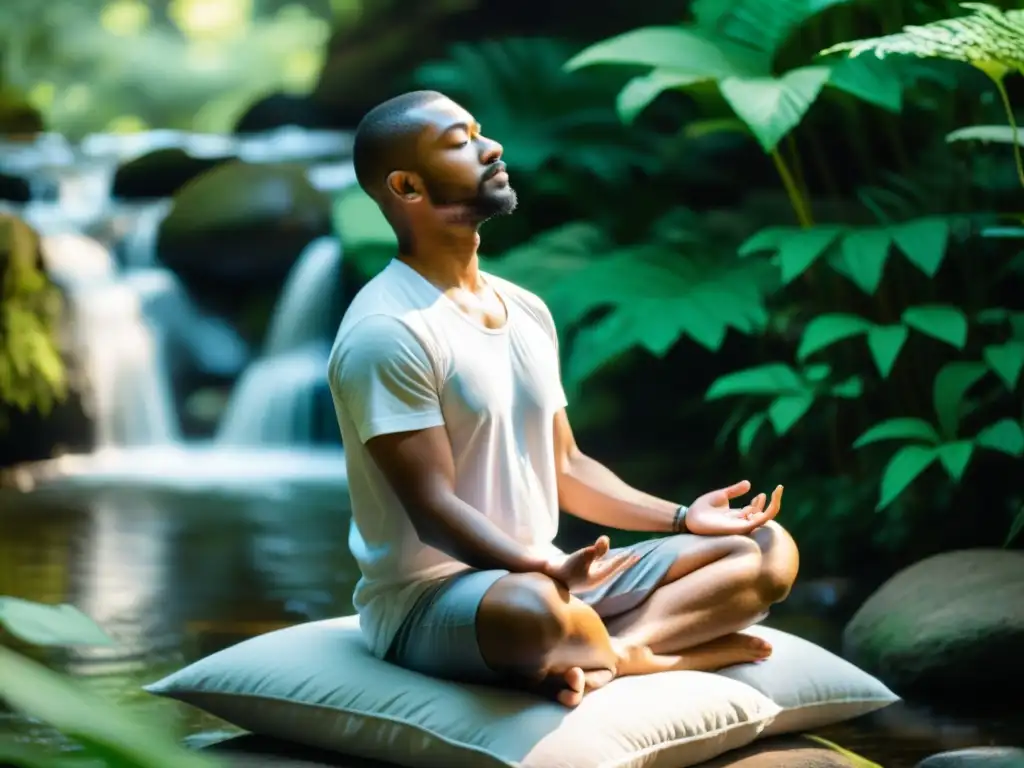 Una persona medita en armonía con la naturaleza, rodeada de vegetación exuberante y luz suave