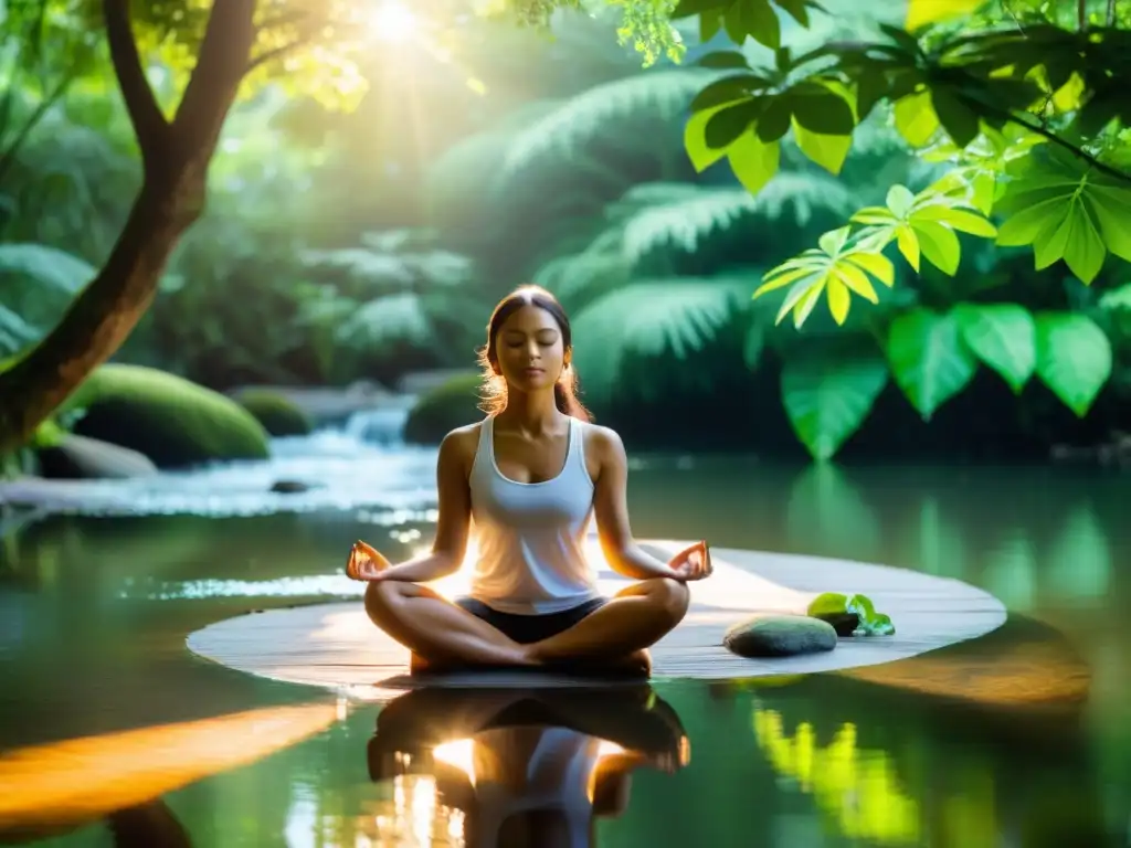 Meditación en la naturaleza: armonía y paz interior Una persona medita en armonía con la naturaleza, rodeada de vegetación exuberante y agua tranquila