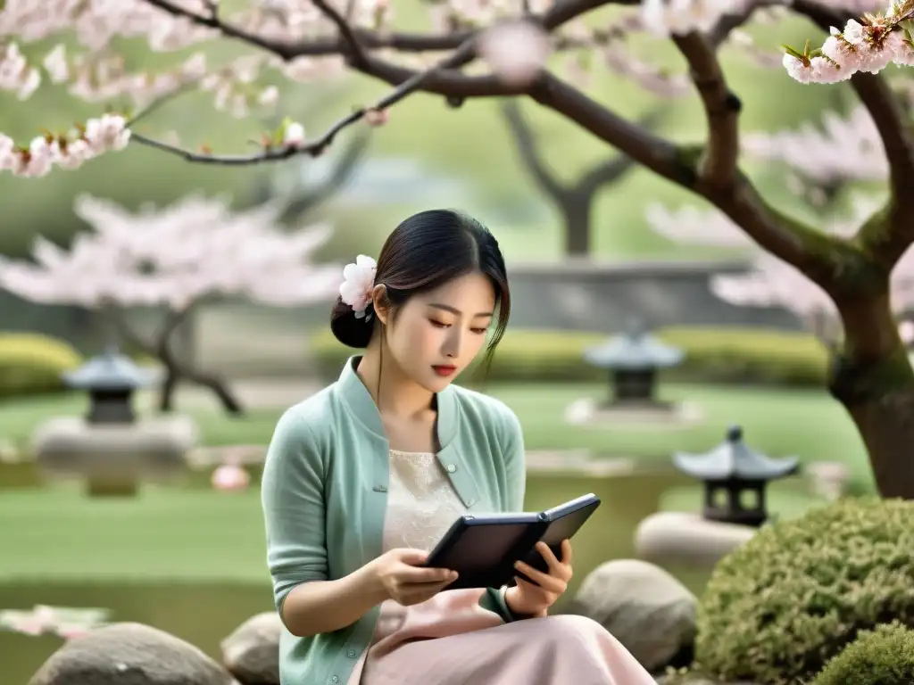 Persona leyendo un EReader en jardín asiático, inmersa en tradición literaria