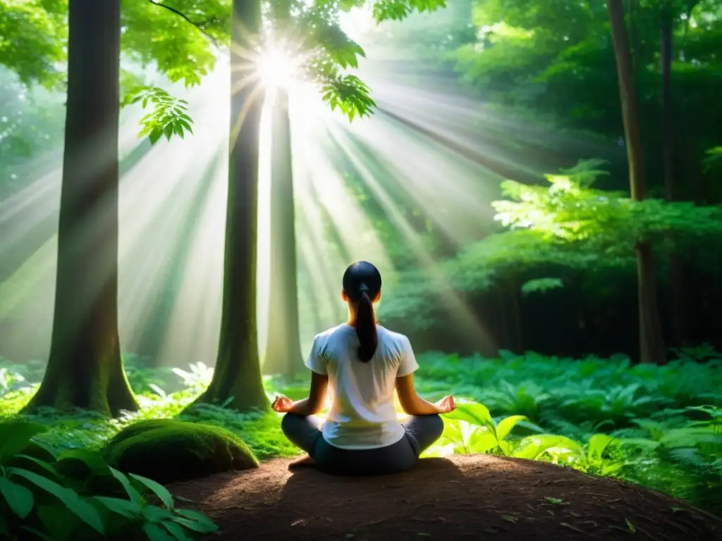 Persona meditando en un bosque exuberante, irradiando calma y paz interior