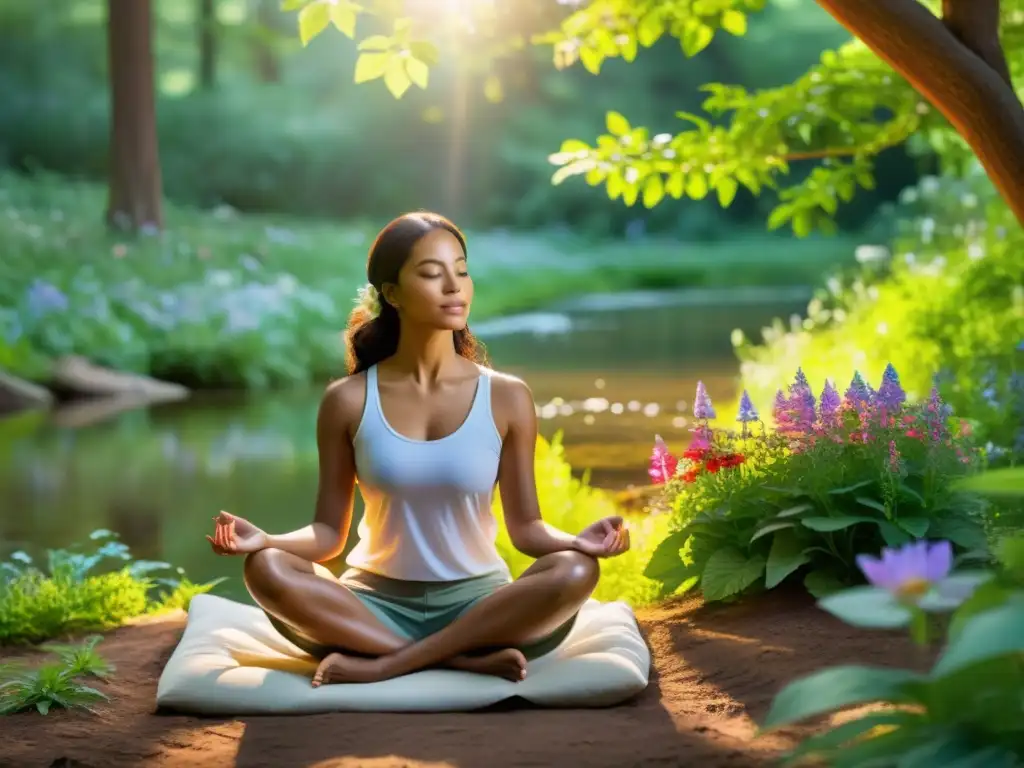 Persona meditando en el bosque, rodeada de naturaleza vibrante y luz solar, cultivando amor benevolente con la práctica de la meditación Metta
