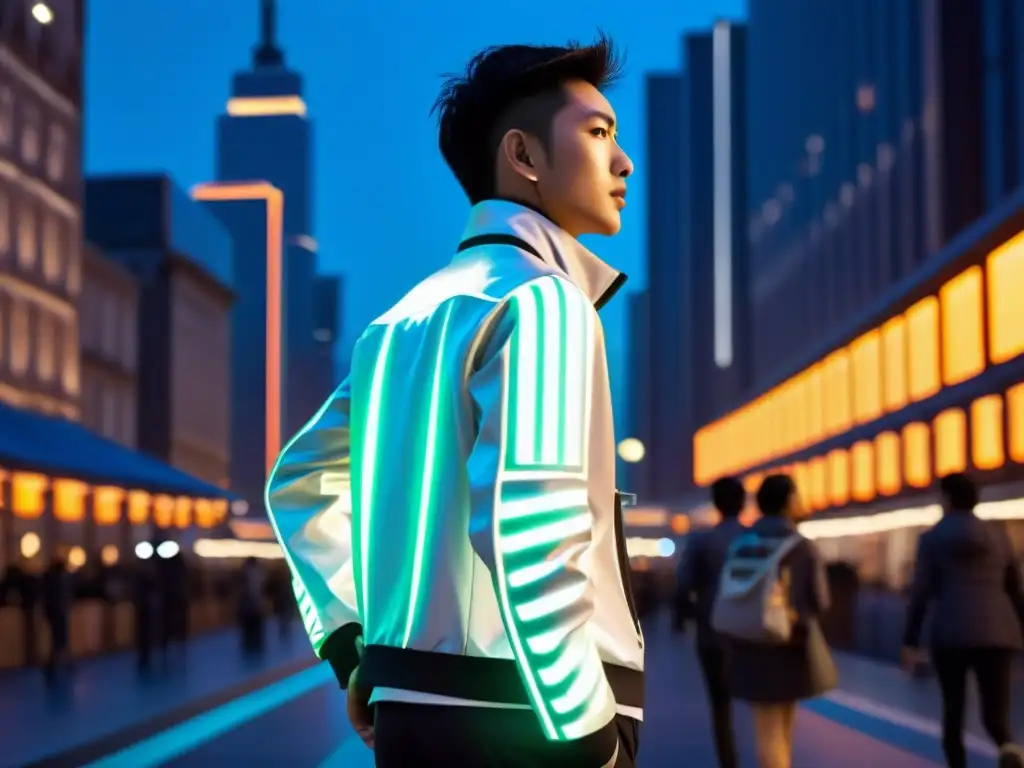 Persona usando chaqueta inteligente con tecnología LED en ciudad asiática, ajustándose al clima y movimientos