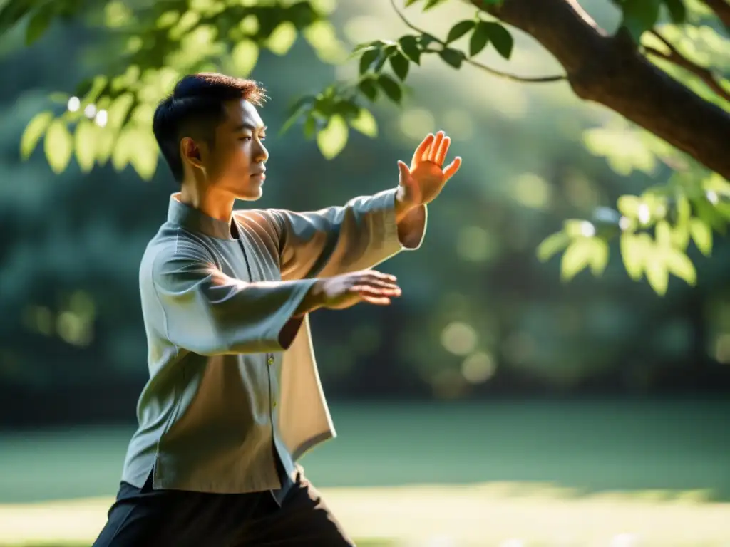 Una persona practicando Tai Chi en un entorno natural y sereno, transmitiendo calma y concentración