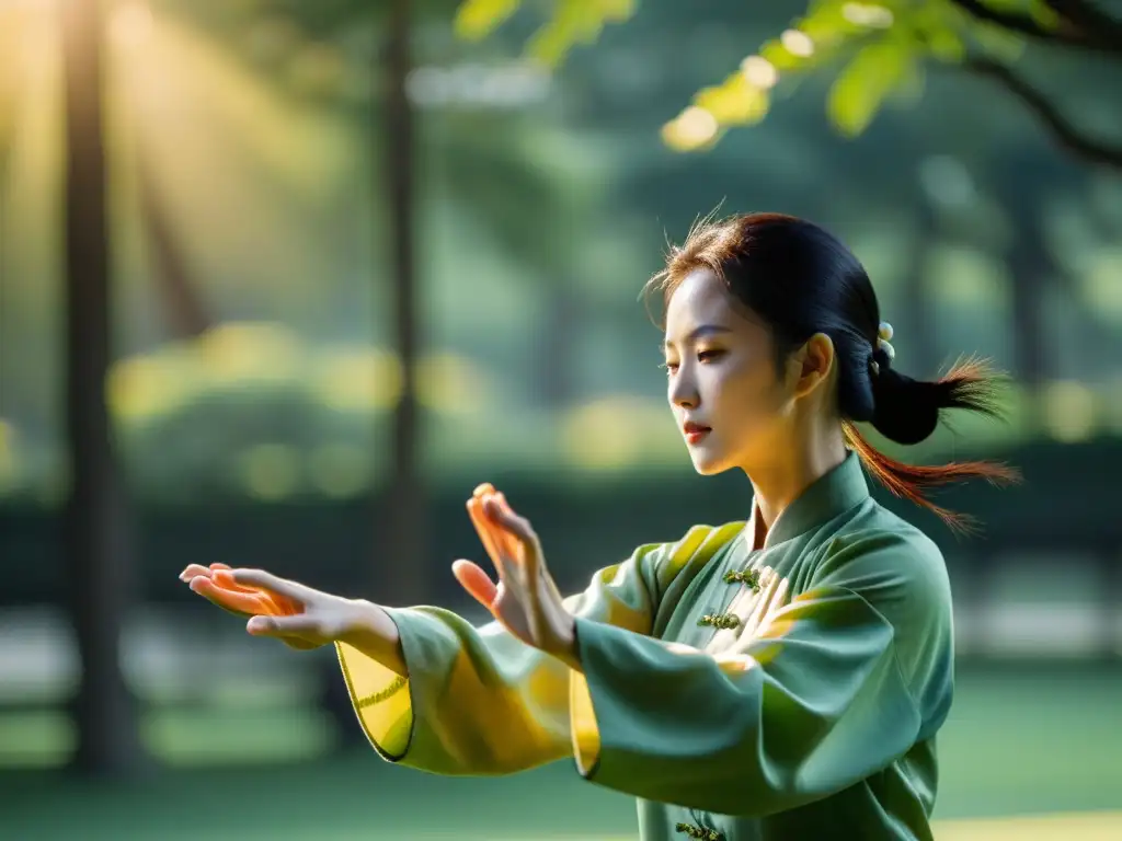 Persona practicando Tai Chi al amanecer en un parque sereno y exuberante