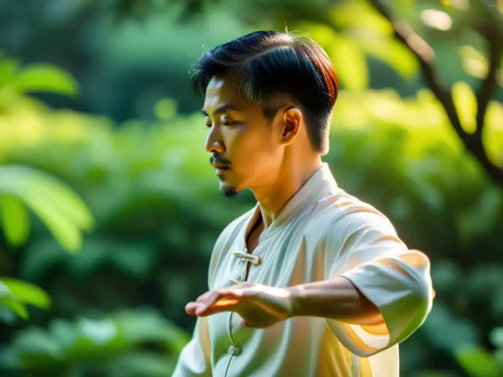 Persona practicando tai chi en un jardín sereno y exuberante