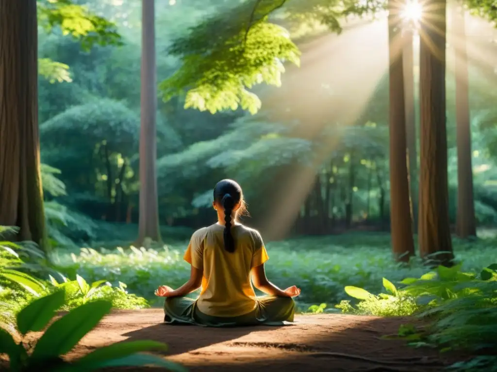 'Persona meditando en un claro del bosque, bañada en luz dorada, transmitiendo serenidad y calma