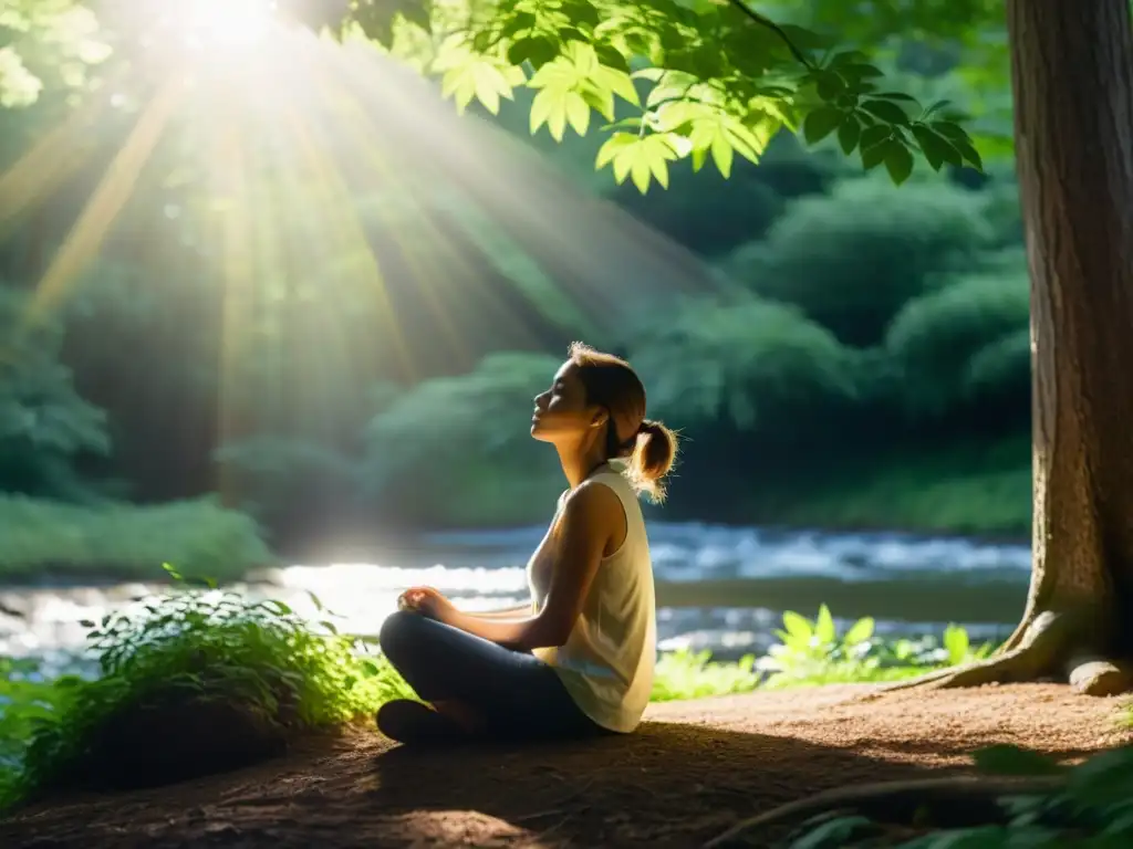 Persona meditando en un claro de bosque soleado, con expresión serena