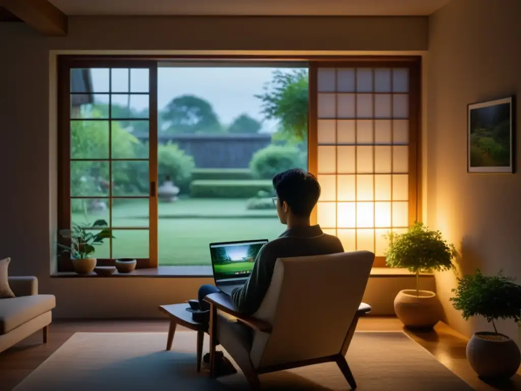 Una persona concentrada viendo un drama asiático en la laptop en una habitación tranquila iluminada por la suave luz de la pantalla