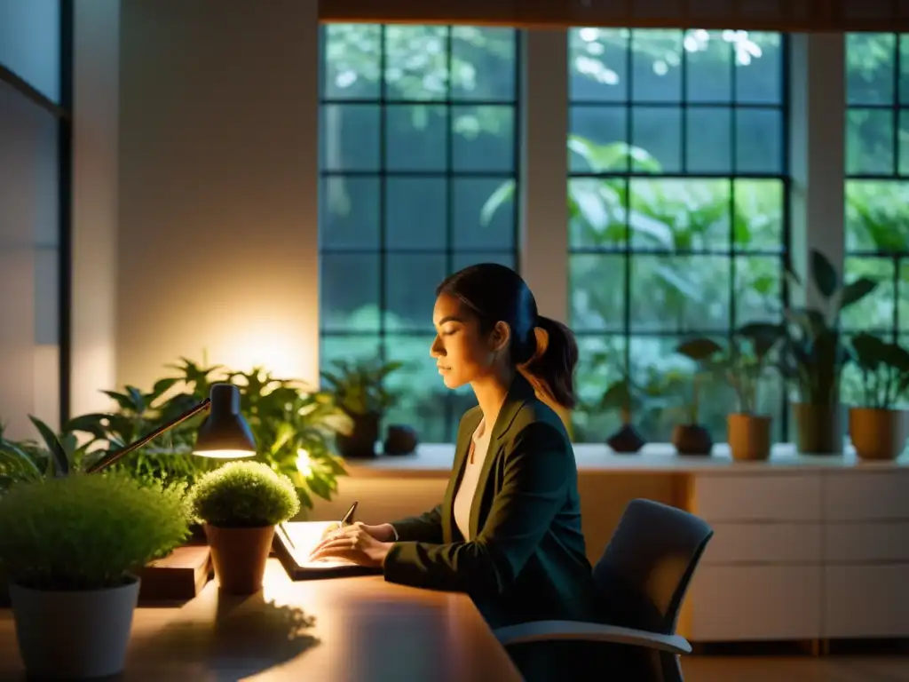 Persona concentrada en oficina iluminada, rodeada de plantas