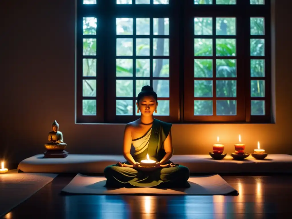 Persona meditando en un cuarto iluminado por luz natural, rodeada de velas, incienso y estatua de Buda