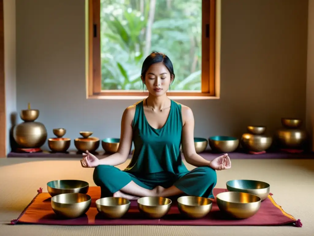 Persona tocando cuenco tibetano en ambiente tranquilo, terapia de cuencos tibetanos para estrés