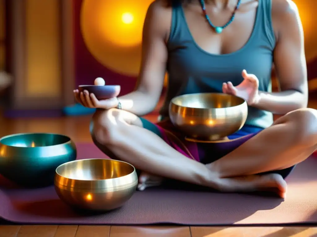 Persona en meditación con cuencos tibetanos para terapia de estrés, creando atmósfera serena y calmante en entorno natural