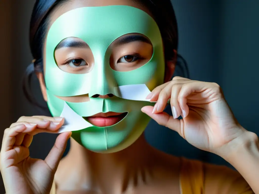 Una persona aplica con cuidado una mascarilla de papel para belleza, mostrando serenidad y precisión en su rutina de cuidado facial