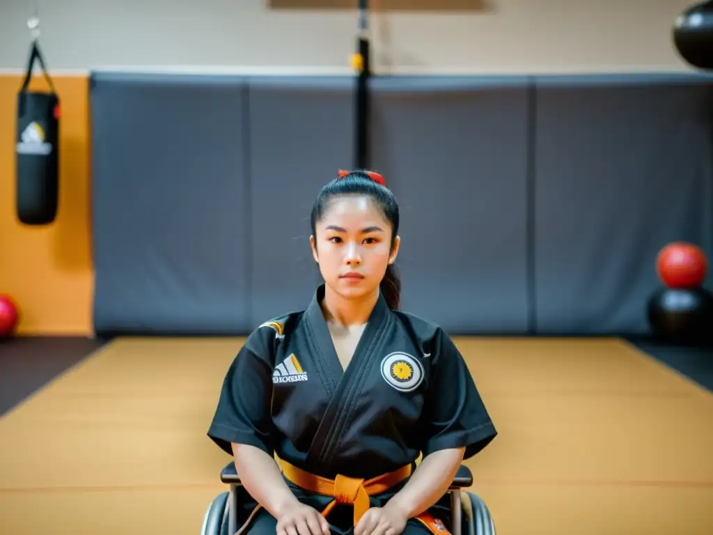 Una persona con discapacidad practica artes marciales en silla de ruedas, demostrando los beneficios de las artes marciales en rehabilitación