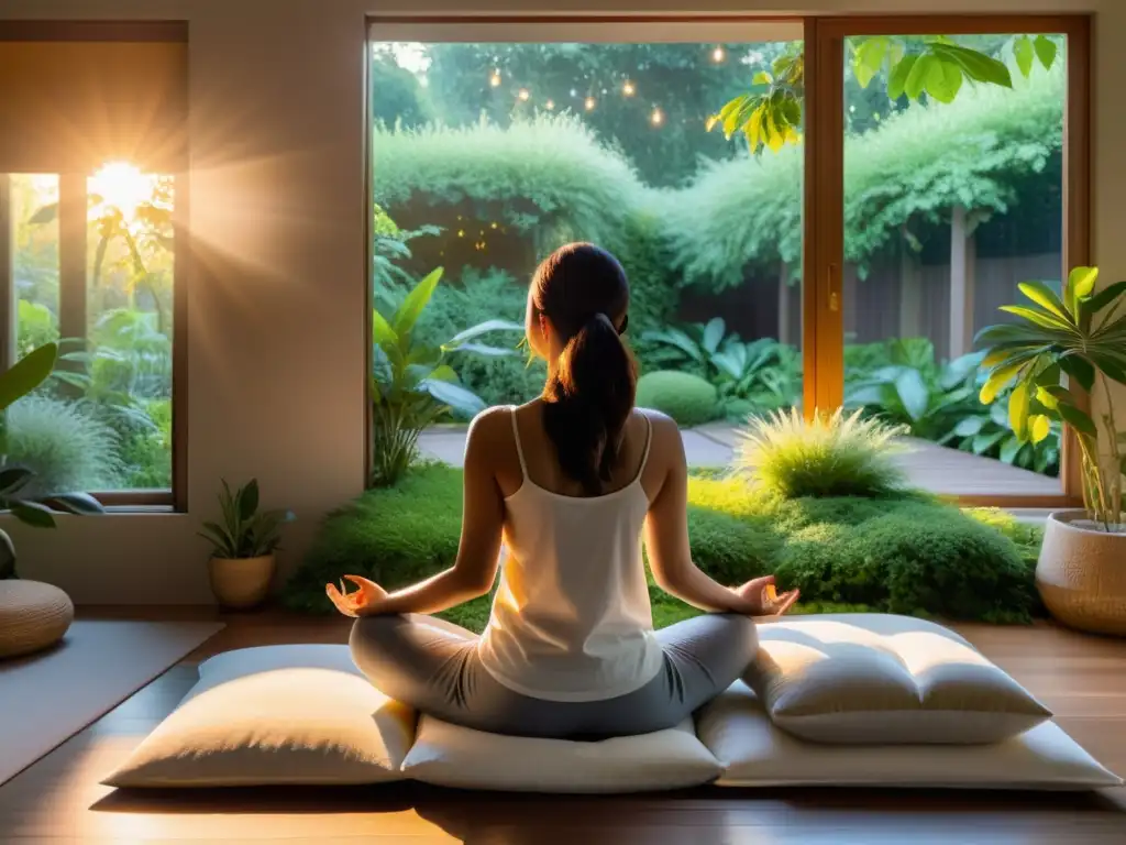Persona meditando en dormitorio sereno con técnicas de meditación para mejorar el sueño
