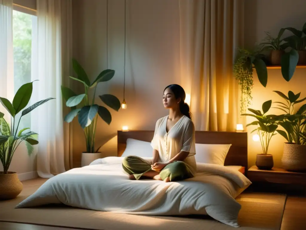 Persona meditando en dormitorio tranquilo con plantas
