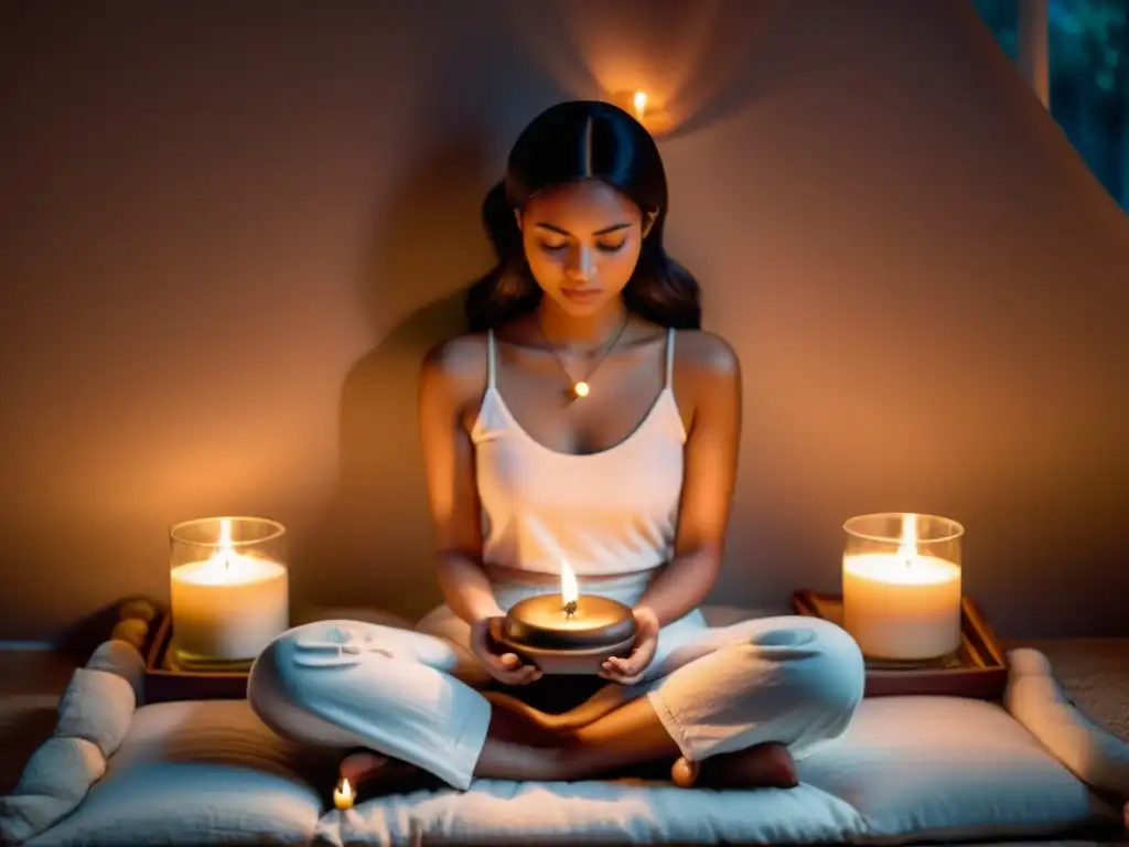 Persona meditando en un dormitorio tranquilo con velas y luz suave, para técnicas de meditación para mejorar el sueño