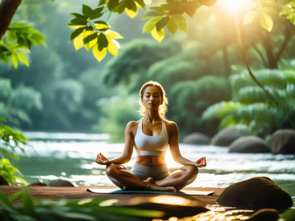 Una persona practica yoga en un entorno natural, con postura perfecta y expresión tranquila