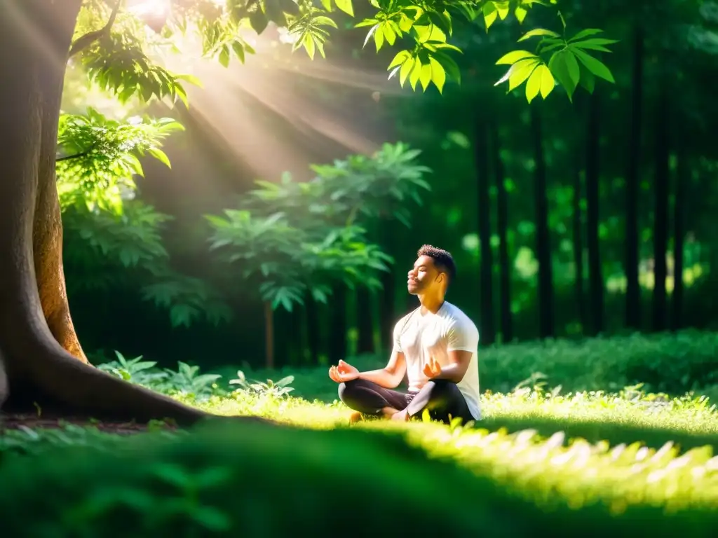 Una persona medita en un entorno natural sereno, transmitiendo paz y concentración