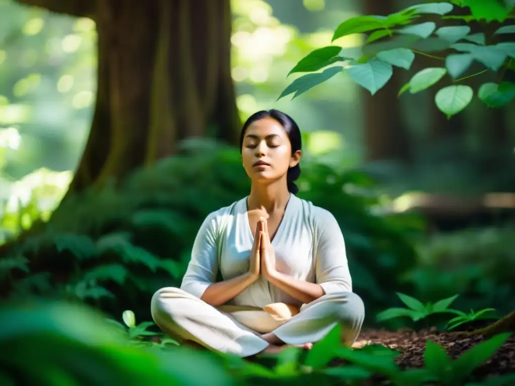 Persona meditando en un entorno sereno y tranquilo en el bosque