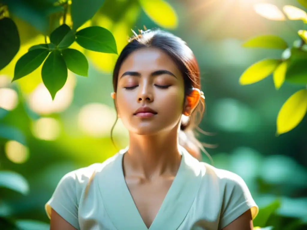 Persona meditando en un entorno sereno entre vegetación exuberante y flores coloridas, irradiando tranquilidad