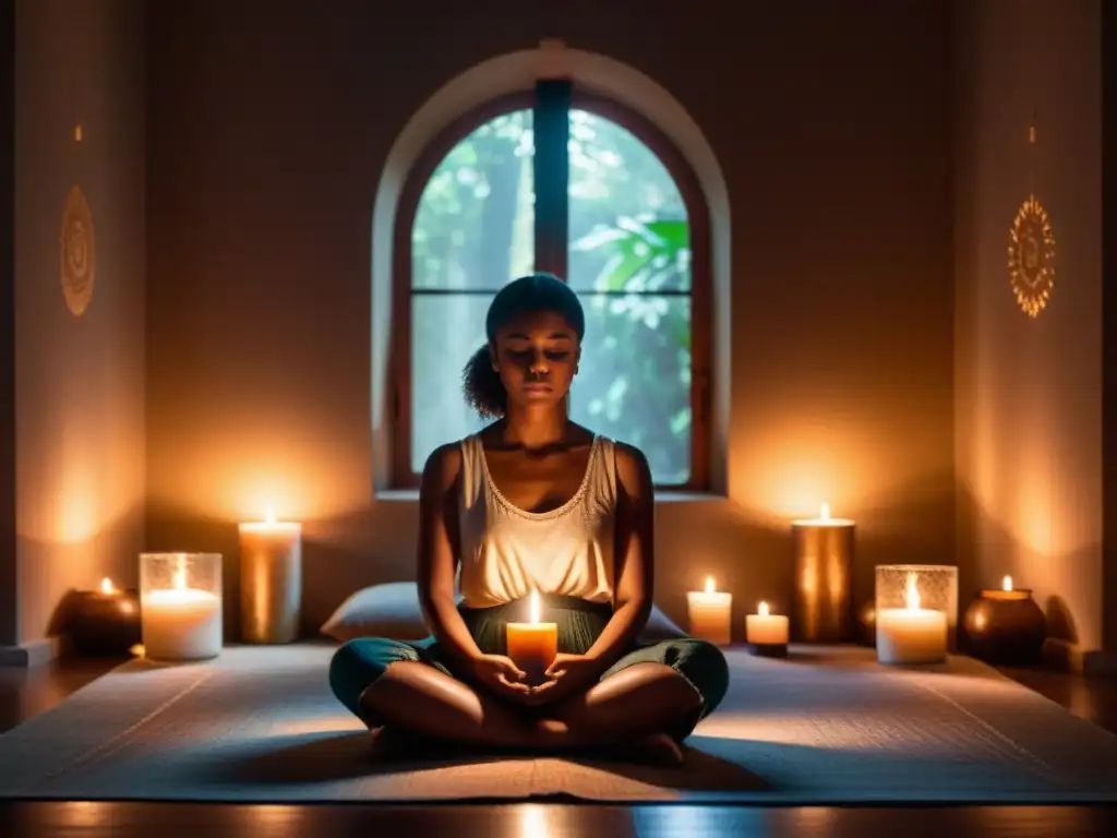 Persona meditando en un espacio sereno con mantras para transformación espiritual