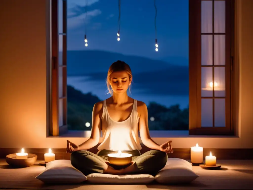 Una persona meditando en un espacio tranquilo iluminado por velas, con una expresión serena y relajada