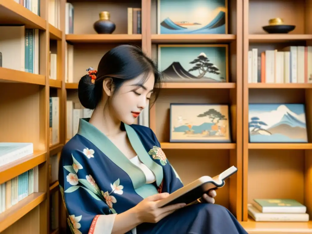 Persona disfrutando de un Ereader con Estampados de Ukiyoe en un acogedor rincón de lectura, rodeada de arte y libros