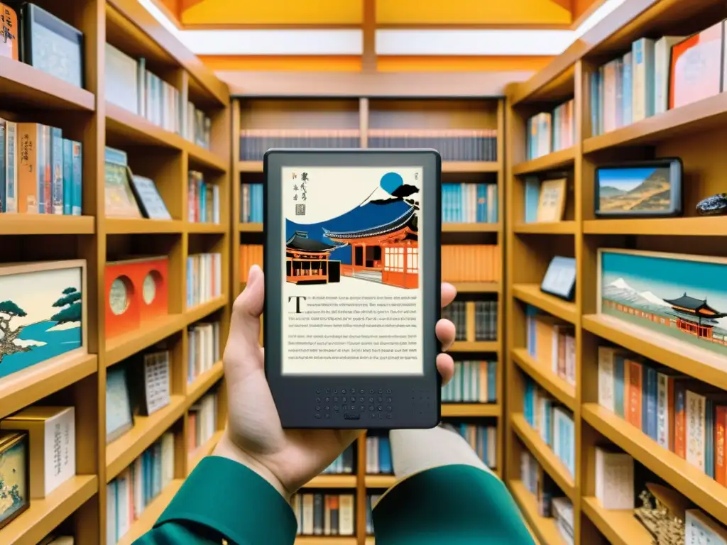 Persona leyendo un Ereader con Estampados de Ukiyoe en una galería de arte japonesa, fusionando tecnología y arte