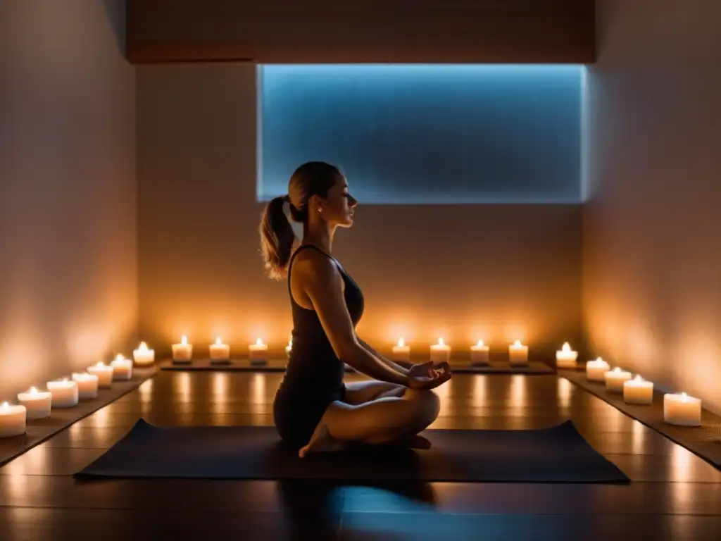 Persona meditando en un estudio de yoga iluminado por velas