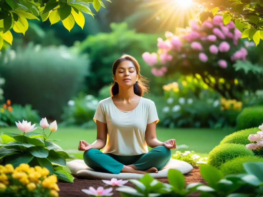 Persona en meditación entre flores en jardín tranquilo