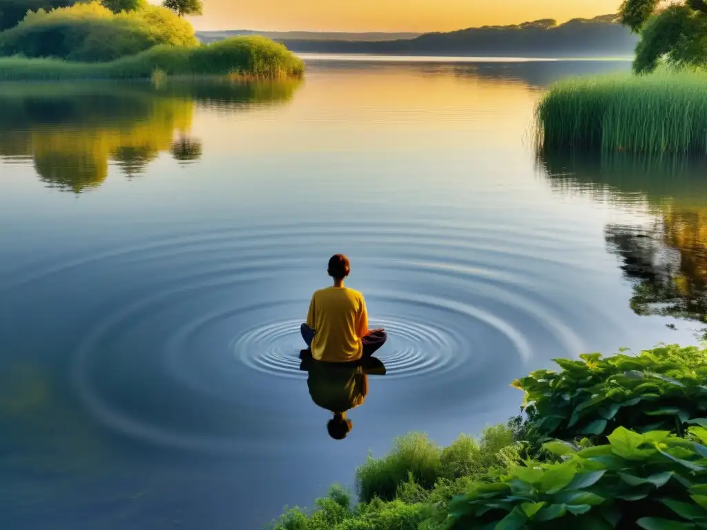 Persona en meditación frente a lago sereno, reflejando colores dorados del atardecer