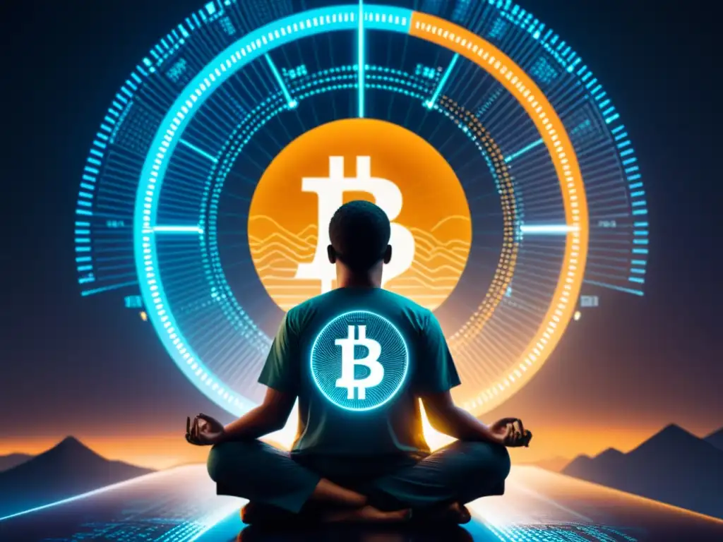 Persona meditando frente a pantalla de criptomonedas, fusionando poesía en el diseño de criptomonedas con atmósfera serena y enfocada