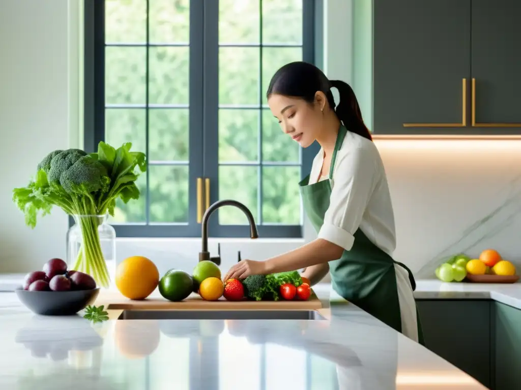 Una persona organiza frutas y verduras en una cocina serena con encimera de mármol