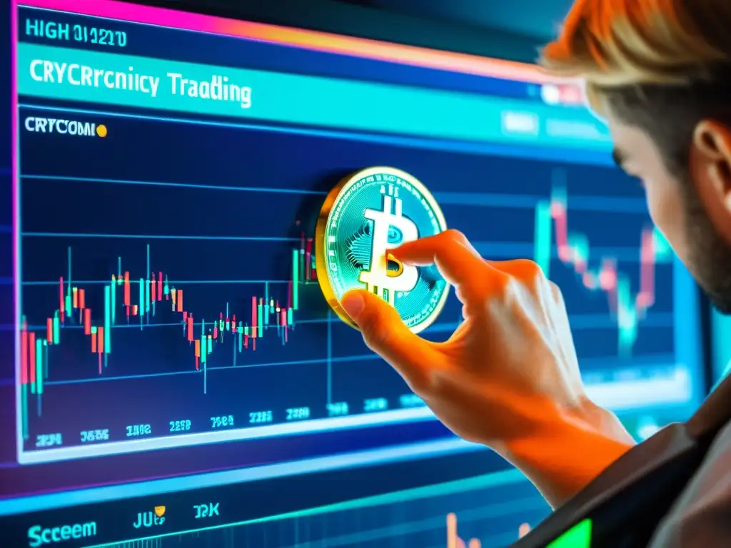 Una persona con determinación analiza gráficos de ki trading criptomonedas, con colores vibrantes que simbolizan su dinamismo y energía