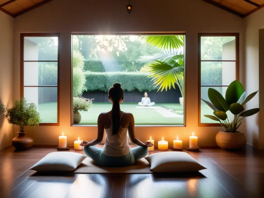 Persona en meditación guiada para sanación profunda en habitación tranquila con vista al jardín