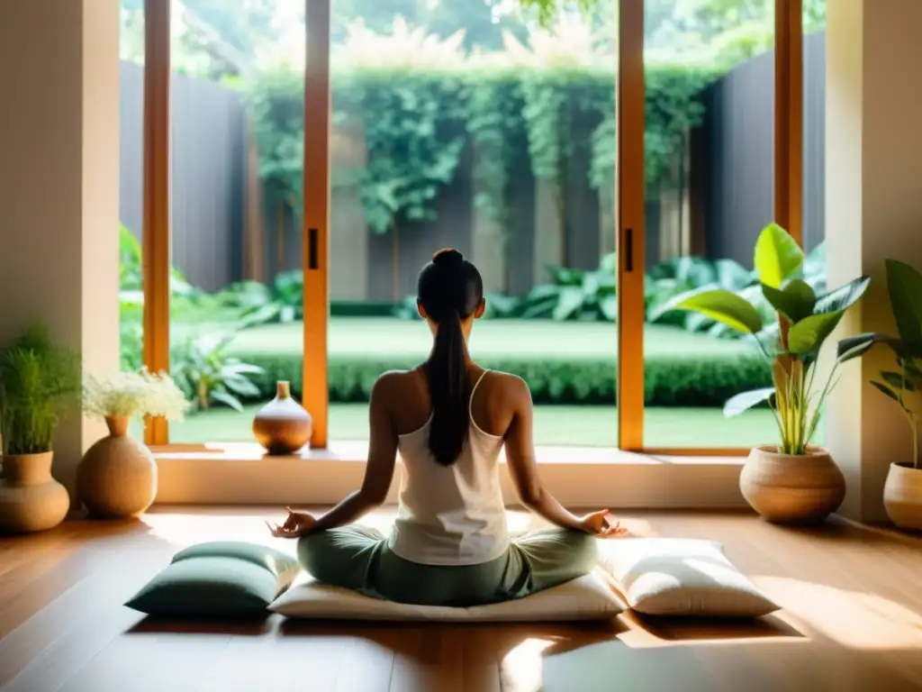 Persona meditando en una habitación con luz natural y decoración minimalista