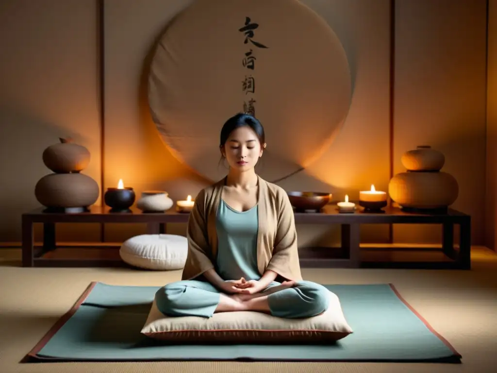 Persona meditando en una habitación serena según Medicina Oriental, practicando la Técnica de ayuno según Medicina Oriental