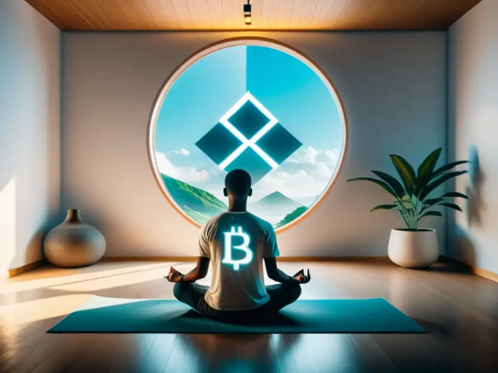 Persona meditando en una habitación minimalista, bañada en luz natural, con símbolos de criptomonedas