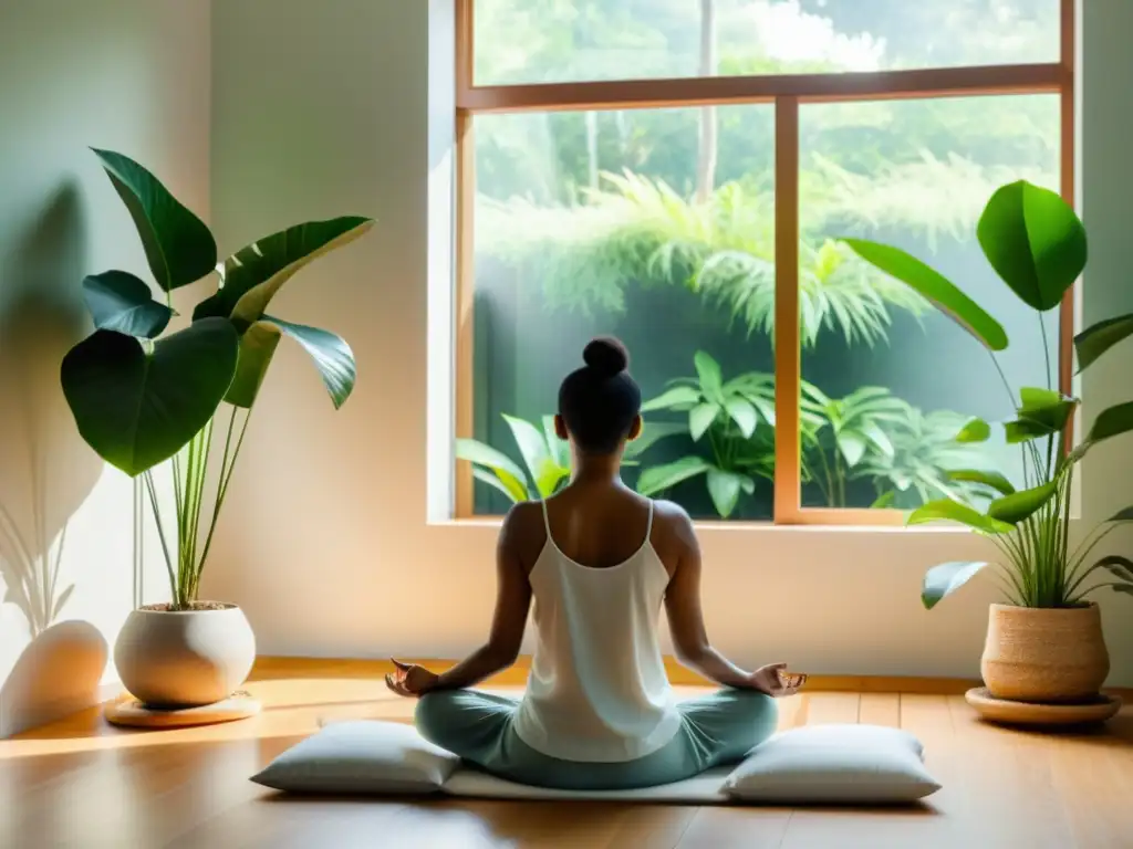 Persona meditando en una habitación minimalista con luz natural, rodeada de plantas