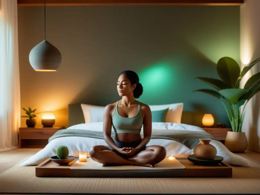 Persona meditando en habitación serena con técnicas de meditación para mejorar el sueño