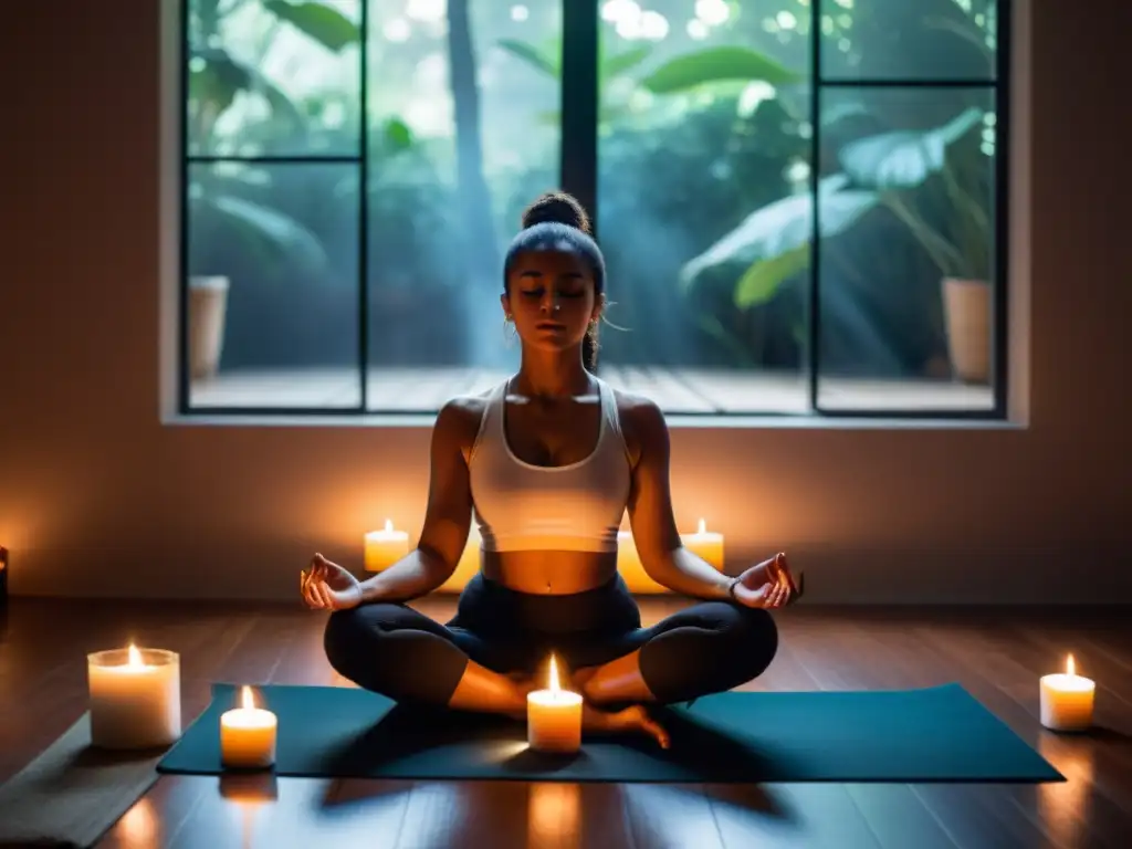 Una persona medita en una habitación serena con velas, emanando tranquilidad