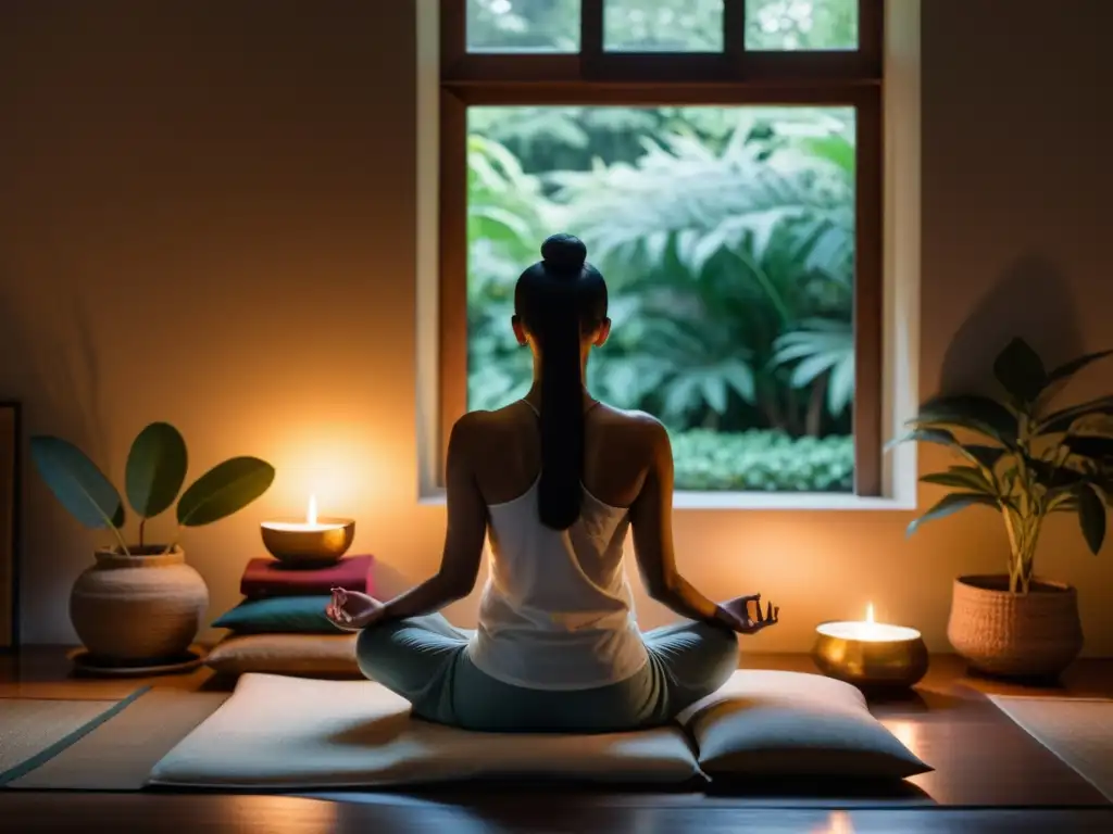 Persona meditando en una habitación serena con una vista a un jardín tranquilo